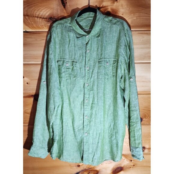Ocean & Coast Men’s XL 100% Green Linen Button Up Shirt Rolled Long Sleeve - Picture 1 of 9